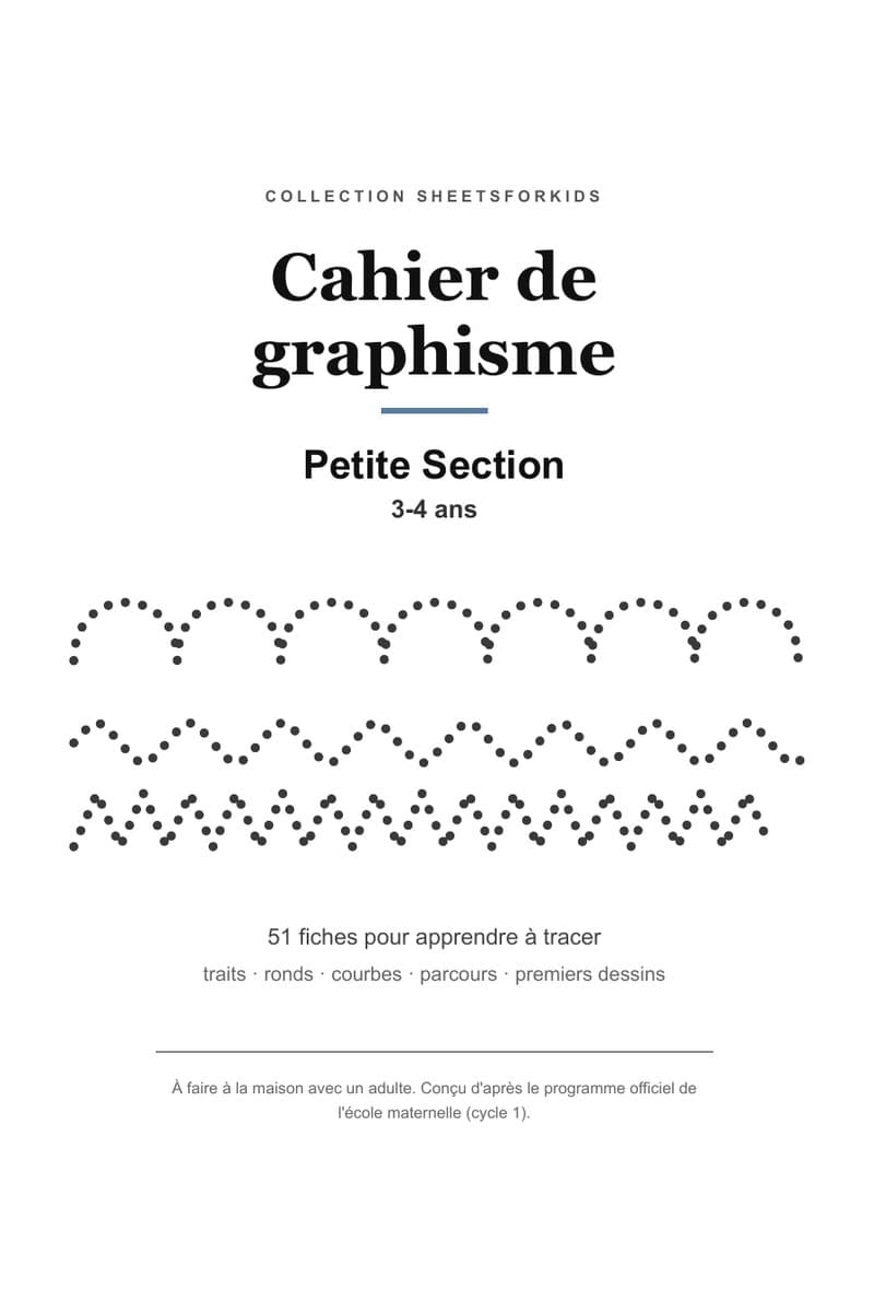 Couverture du cahier de graphisme Petite Section, 51 fiches pour les enfants de 3-4 ans