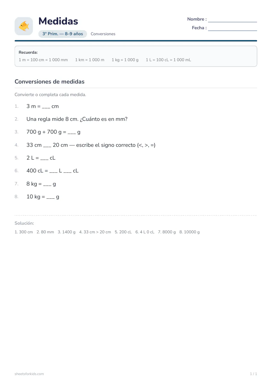 Ejemplo de ficha : Conversión de medidas