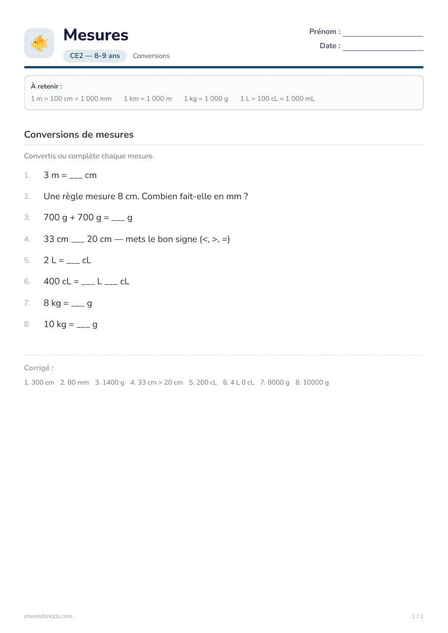 Exemple de fiche : Conversions de mesures