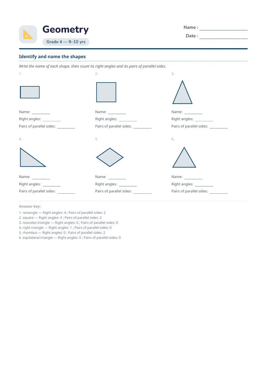 Sample worksheet : Geometry: shapes and angles