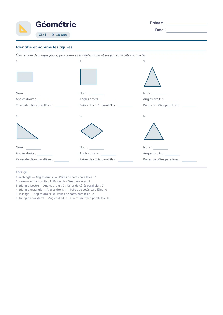 Exemple de fiche : Géométrie : figures et angles