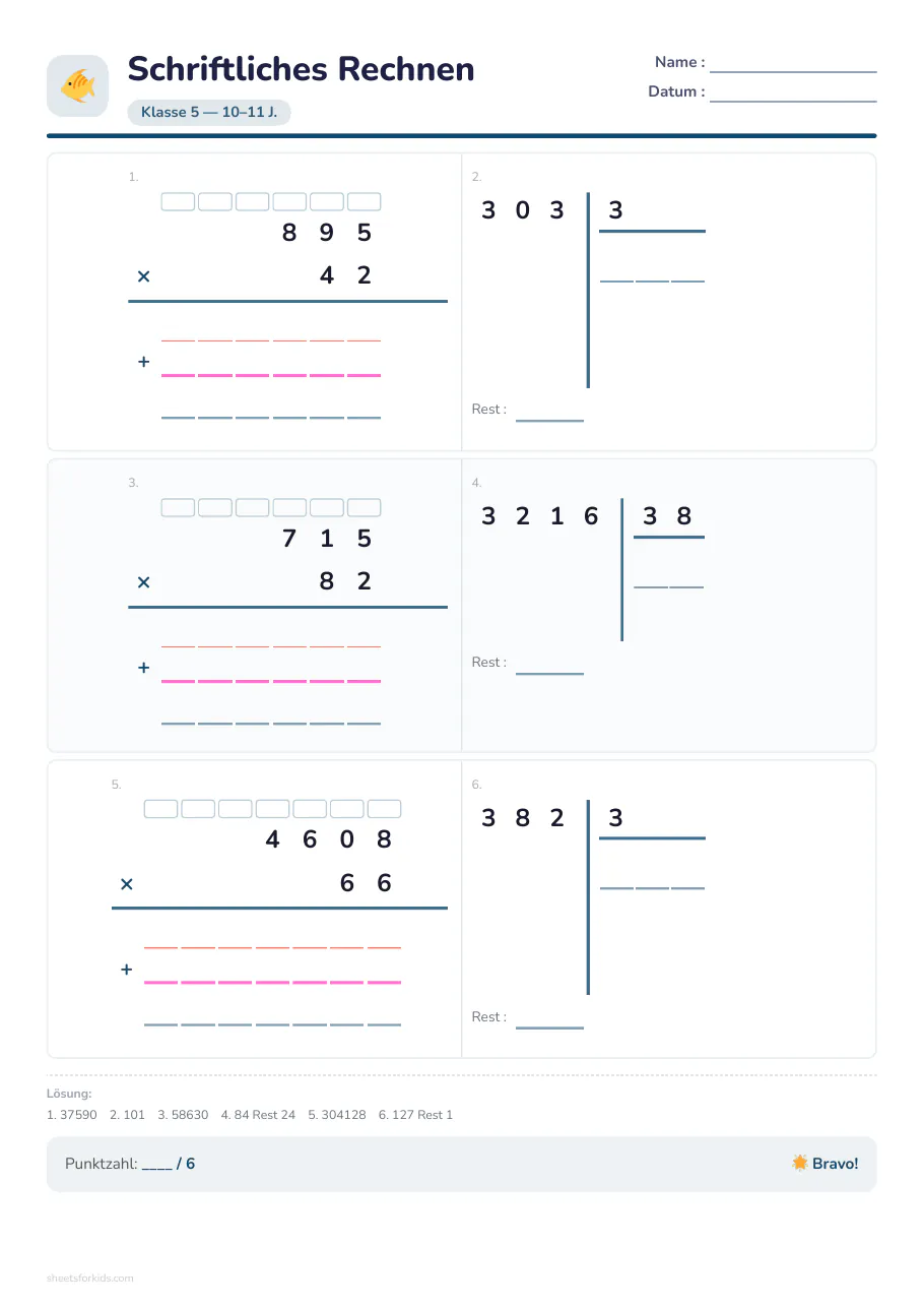 Beispielblatt : Schriftliche Multiplikation und Division
