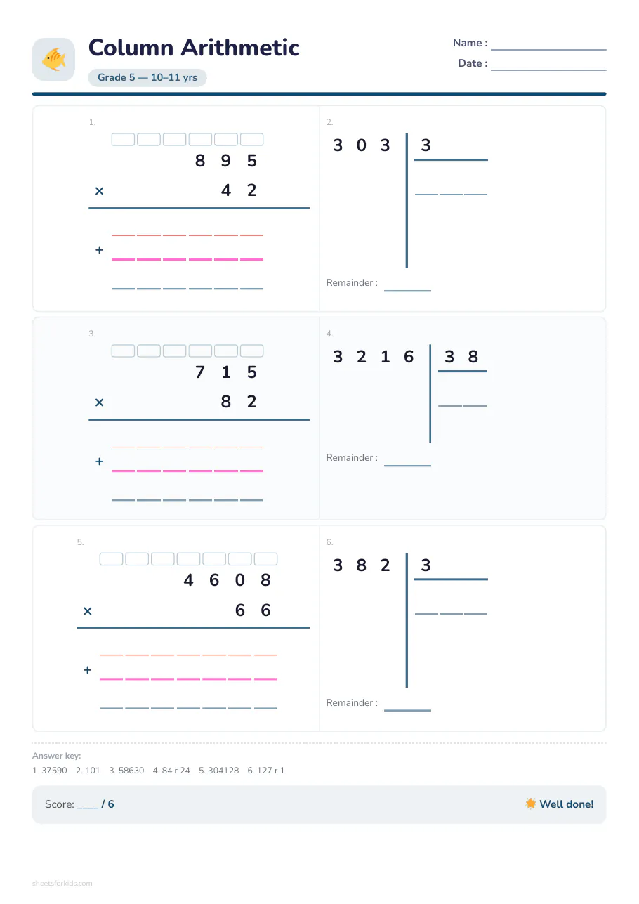 Sample worksheet : Long multiplication and division
