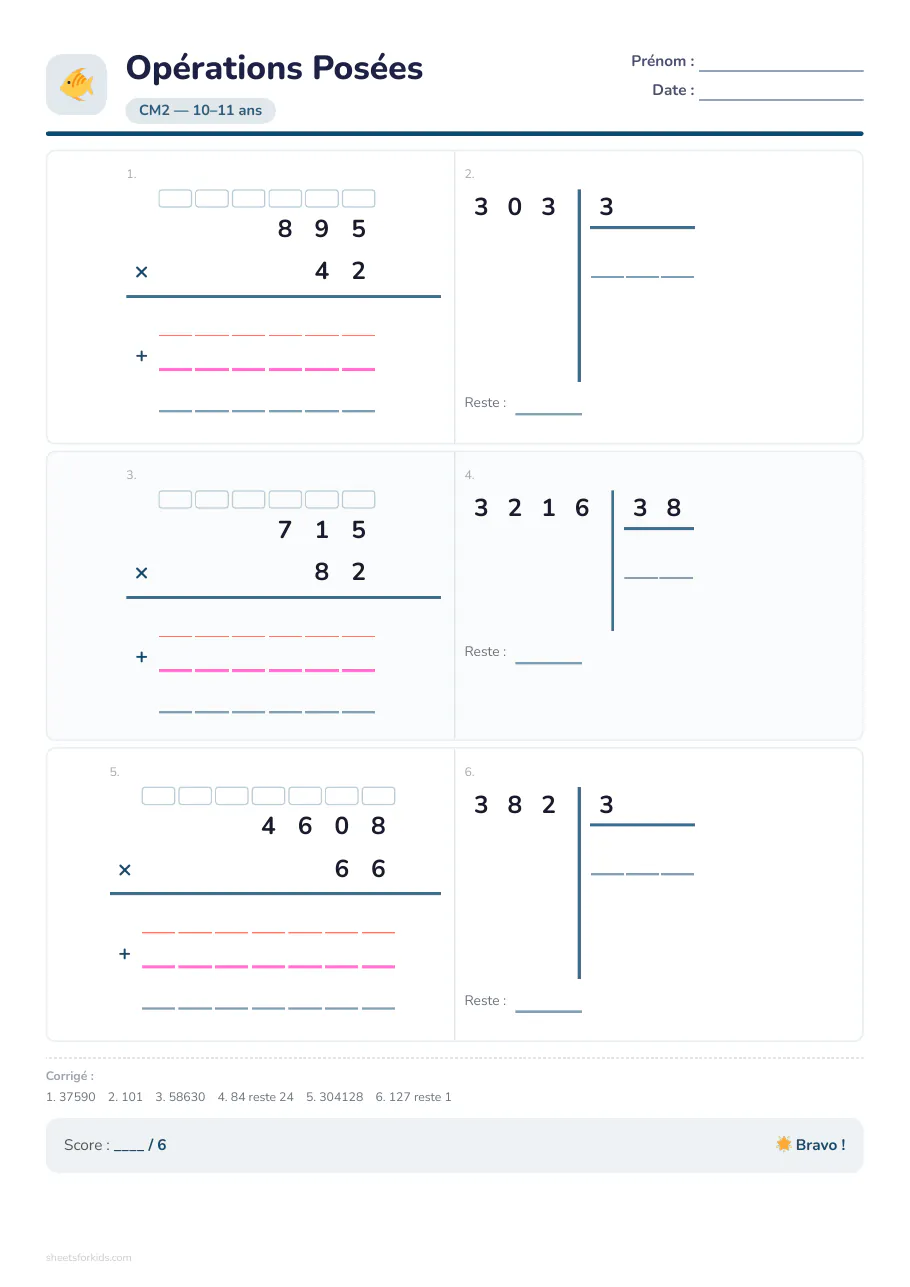Exemple de fiche : Multiplication et division posées
