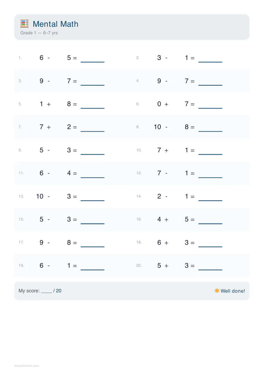 Examples of printable worksheets: pre-writing, mental math and geometry