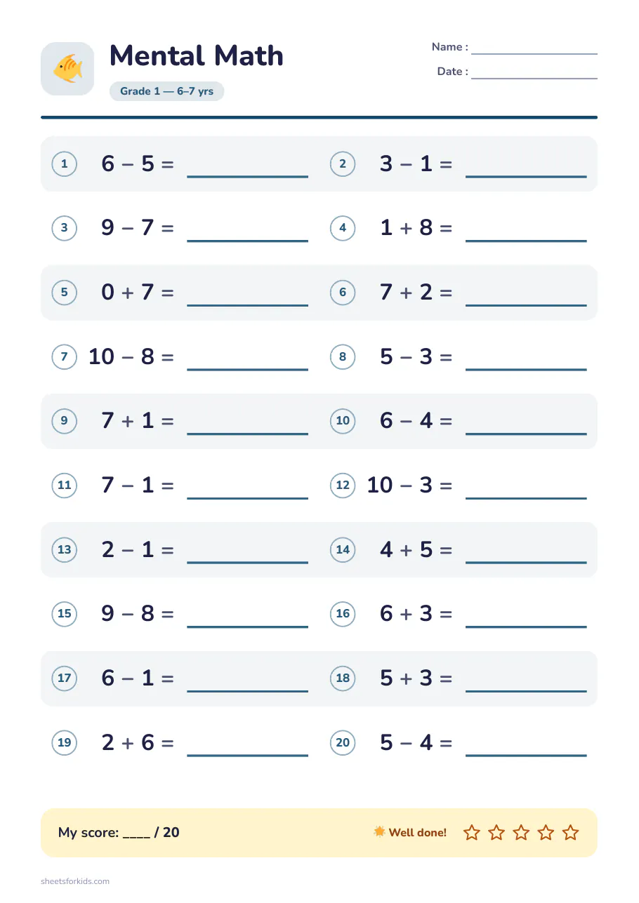 Example of a printable mental-math worksheet