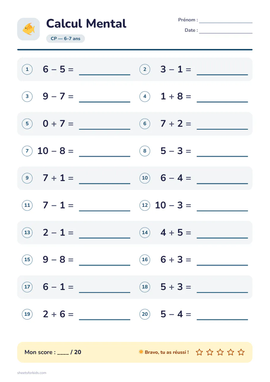Exemple de fiche : Calcul mental