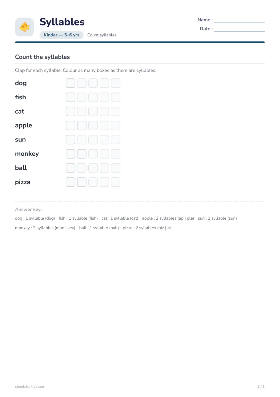 Sample worksheet : Counting syllables