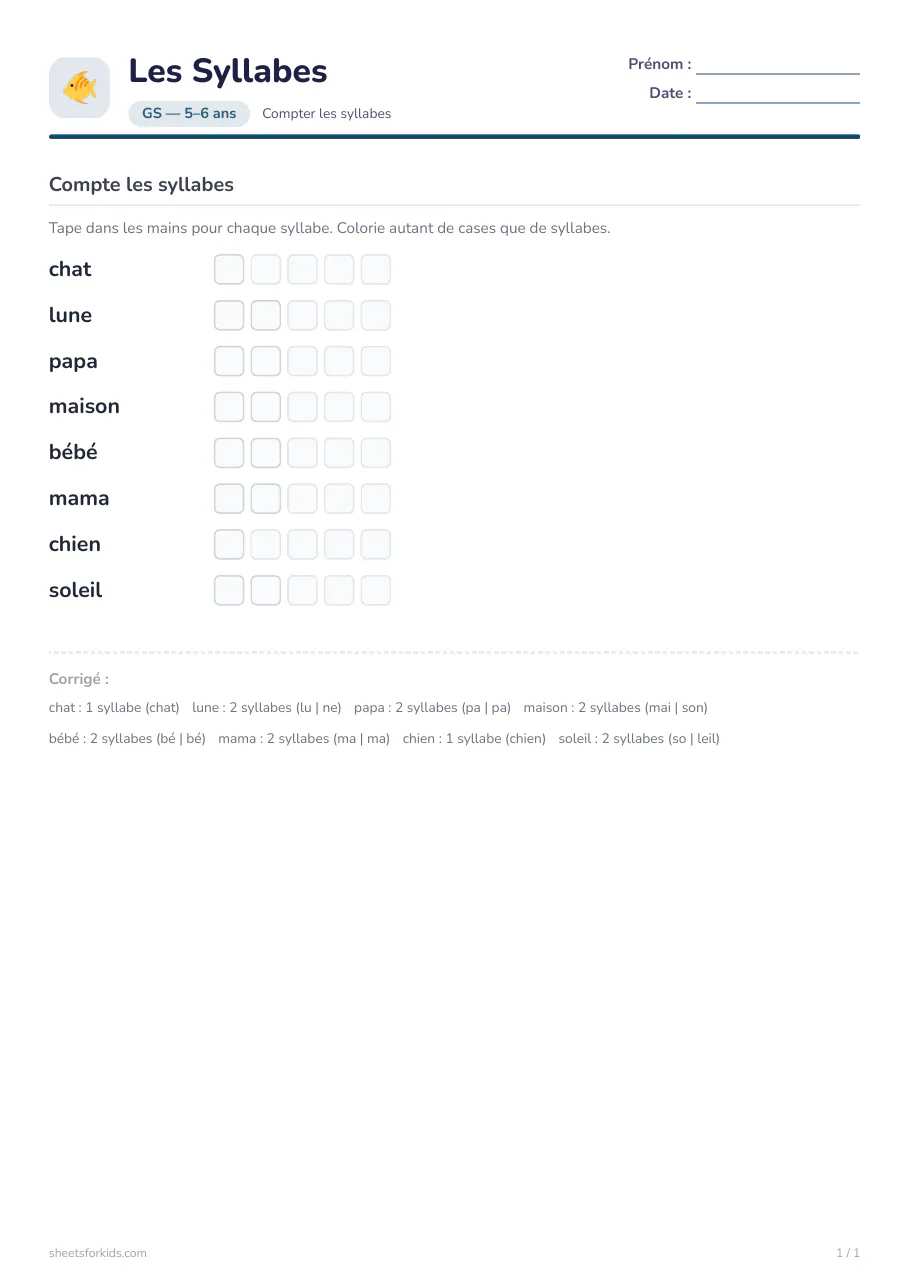 Exemple de fiche : Compter les syllabes